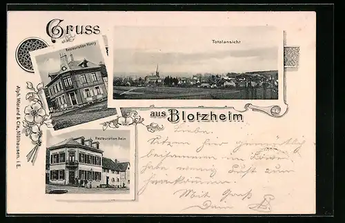 AK Blotzheim, Restaurant Koery, Restaurant Rein, Ortsansicht
