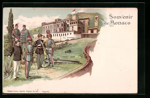 Lithographie Monaco, Soldaten in Uniform vor dem Fürstenpalast