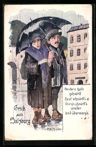 Künstler-AK Salzburg, Gestern hats gshnürlt..., Paar im Regen mit Schirm