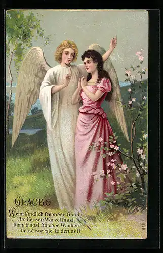 Klapp-AK Allegorie Glaube, Engel mit rosa gekleideter Dame, Spruch