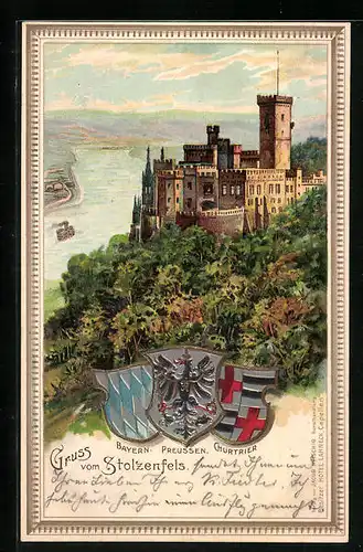 Passepartout-Lithographie Stolzenfels, Wappen von Bayern, Preussen und Churtrier