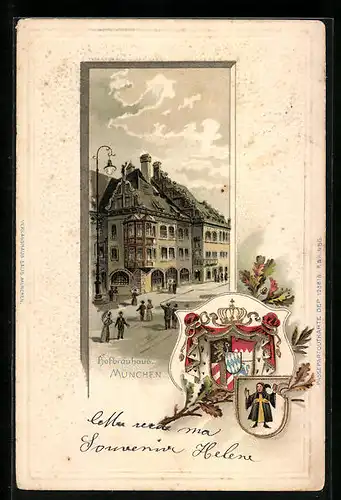 Passepartout-Lithographie München, Hofbräuhaus mit Wappen und Münchner Kindl