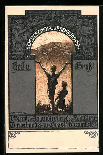 AK Graz, 1. Bundes-Jugendtreffen des Deutschen Turnerbundes 1923, Wanderer erreichen die Stadt, Turnfest