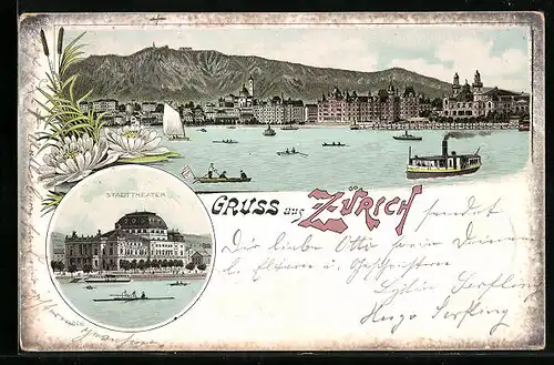 Lithographie Zürich, Stadtpanorama und Stadttheater vom Wasser aus