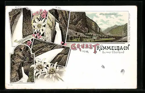 Lithographie Lauterbrunnen, Hotel Trümmelbach, Trümmelbach-Fälle