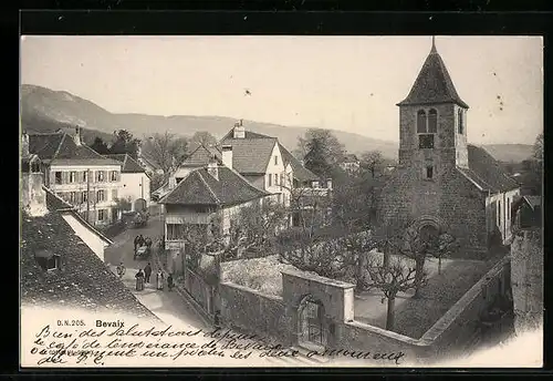 AK Bevaix, Ortspartie mit Kirche und Strasse aus der Vogelschau