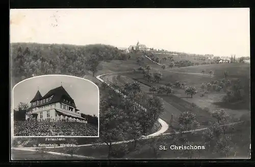 AK St. Chrischona, Ortsansicht mit Landstrasse aus der Ferne, Gasthof Ferienheim-Kaffeehalle Waldrain