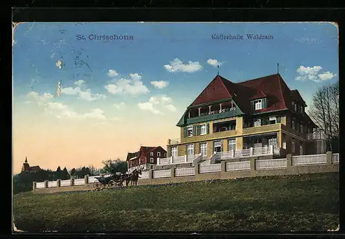 AK St. Chrischona, Gasthaus Kaffeehalle Waldrain, Frontansicht mit Kutsche