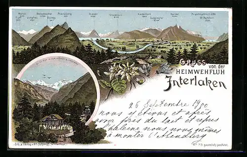 Lithographie Interlaken, Gasthaus auf der Heimwehfluh, Bergpanorama mit Gipfelbezeichnungen