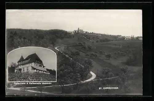 AK St. Chrischona, Panorama des Ortes hinter Landstrasse, Gasthaus Ferienheim & Kaffeehalle Waldrain