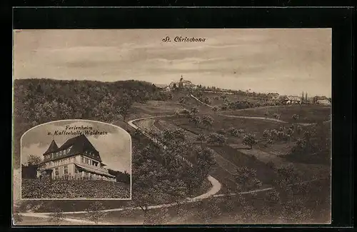 AK St. Chrischona, Ortspanorama hinter Landstrasse, Gasthof Ferienheim u. Kaffeehalle Waldrain