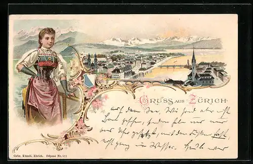 Lithographie Zürich, Totalansicht, Maid in taillierter Tracht