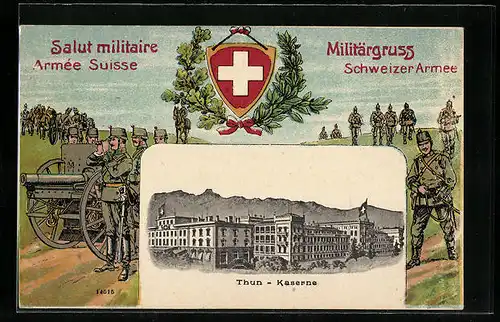 Künstler-AK Thun, Kaserne, Schweizer Soldaten in Uniform