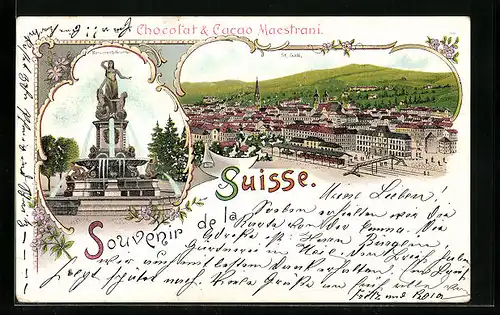 Lithographie St. Gallen, Totalansicht, Monumentalbrunnen