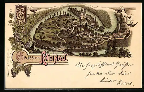 Lithographie Rheinau, Totalansicht aus der Vogelschau