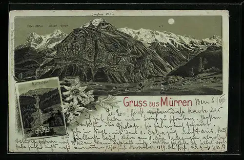Mondschein-Lithographie Mürren, Mürrenbahn, Jungfrau, Eiger