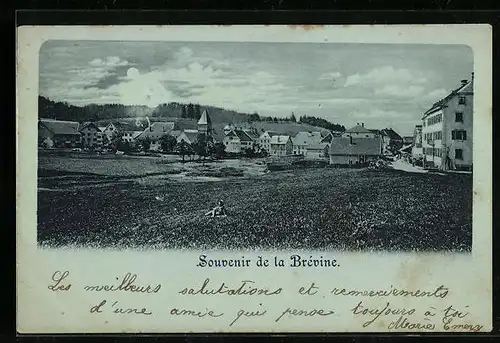 Mondschein-AK Brévine, Ortsansicht mit Kirche