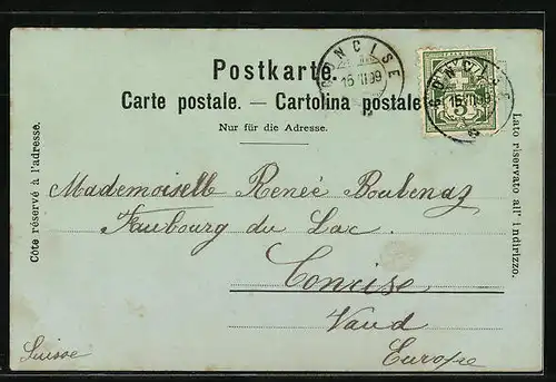 Mondschein-AK Brévine, Ortsansicht mit Kirche