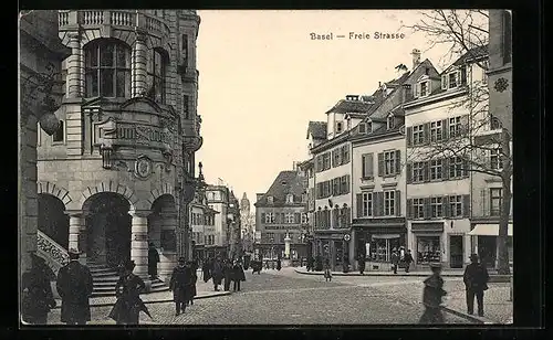 AK Basel, Freie Strasse mit Geschäften