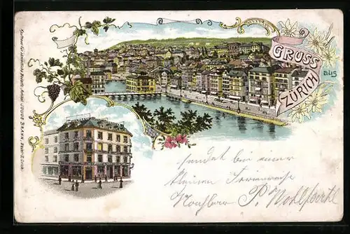 Lithographie Zürich, Waren-Grosslager, Uferpartie mit Brücke