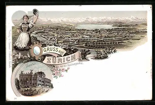 Lithographie Zürich, Teilansicht von der Waid aus gesehen, Theater