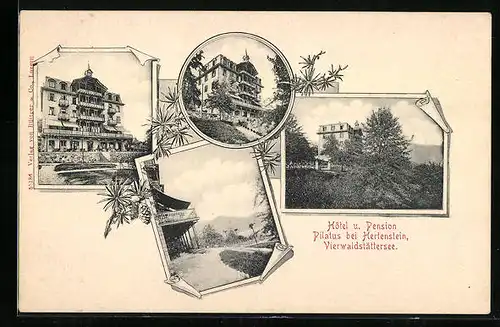 AK Hertenstein /Vierwaldstättersee, Hotel und Pension Pilatus, Seitenansicht, Terrasse