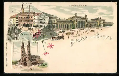 Lithographie Basel, Münster, Rathaus, Central-Bahnhof