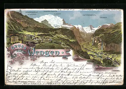 Lithographie Wengen, Gesamtansicht mit Lauterbrunnental, Jugfrau und Silberhorn