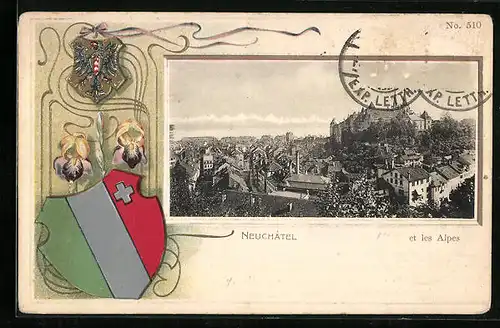 Präge-AK Neuchâtel, Panorama et les Alpes, Wappen, Passepartout