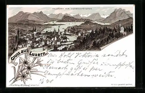 Lithographie Luzern, Panorama vom Vierwaldstättersee
