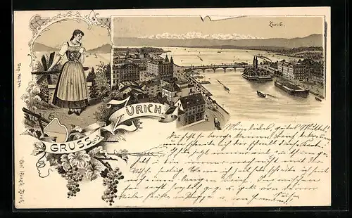 Lithographie Zürich, Uferpartie mit Brücke, Frau in Tracht