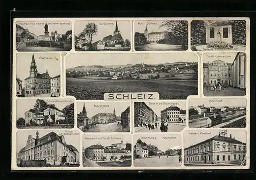 AK Schleiz, Bahnhof, Schloss Heinrichsruh, Fürstl. Gymnasium