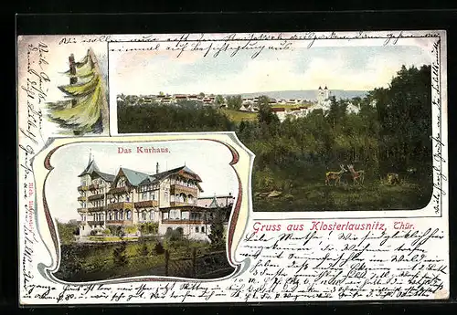 Lithographie Klosterlausnitz /Thür., Ortsansicht mit Wald, Kurhaus