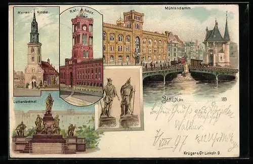 Lithographie Berlin, Rotes Rathaus, Marien-Kirche, Lutherdenkmal, Mühlendamm, Neuer Markt