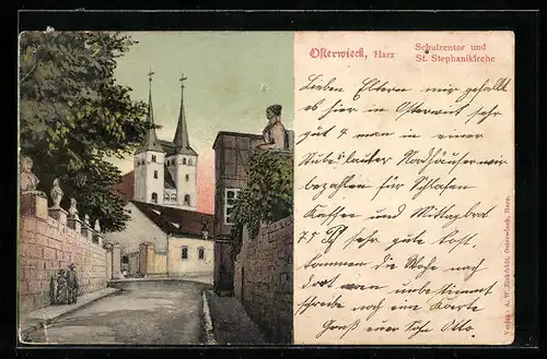 Lithographie Osterwieck /Harz, Schulzentor und St. Stephanikirche