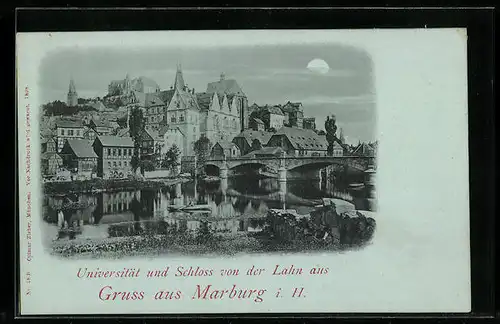 Mondschein-AK Marburg i. H., Universität und Schloss von der Lahn aus