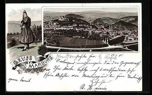 Vorläufer-Lithographie Marburg, 1895, Panorama aus der Vogelschau, Frau in Tracht