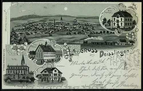 Mondschein-Lithographie Deisslingen, Pumpstation, Schul- u. Rathaus, Kirche