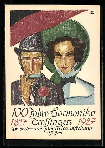 Künstler-AK Trossingen, Gewerbe- u. Industrieausstellung 1927, Mann mit Mundharmonika