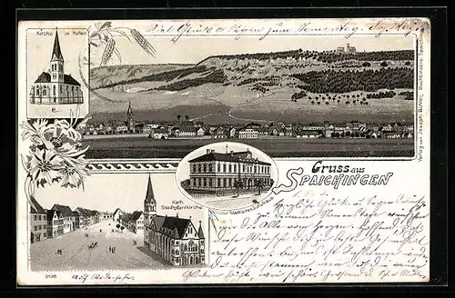 Lithographie Spaichingen, Panorama des Ortes, Strassenpartie mit Kath. Kirche