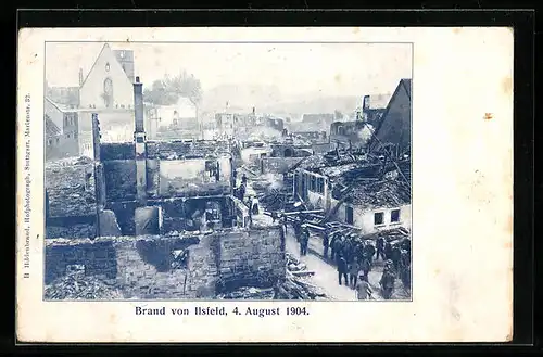 Foto-AK Ilsfeld, Brand 1904, Strasse mit zerstörten Gebäuden und Einwohnern