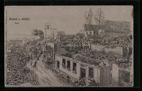 Künstler-AK Ilsfeld, Brand 1904, Totalansicht mit zerstörten Gebäuden und Strasse