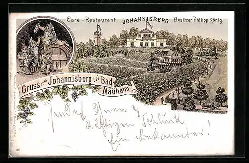 Lithographie Bad Nauheim, Cafe-Restaurant Johannisberg mit Umgebung, Zwerge im Weinkeller