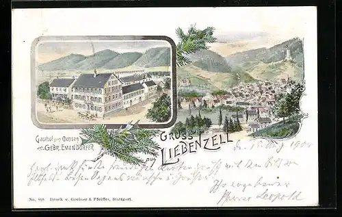 Künstler-AK Liebenzell, Gesamtansicht aus der Vogelschau, Gasthof zum Ochsen mit Strasse
