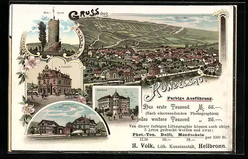 Lithographie Künzelsau, Gesamtansicht, Postamt, Bahnhof und Restauration
