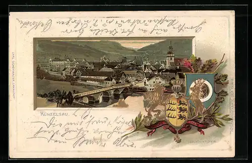 Passepartout-Lithographie Künzelsau, Ortsansicht mit Brücke, geprägtes Wappen