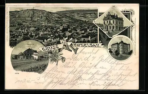 Lithographie Künzelsau, Totalansicht aus der Vogelschau, Bahnhof, Post