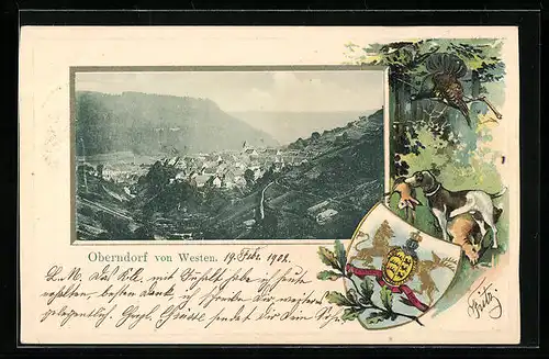 Passepartout-Lithographie Oberndorf, Ortsansicht von Westen, Wappen, Jagdszene