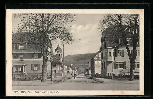 AK Spaichingen, Charlottenstrasse mit Zigarrengeschäft und Kirche