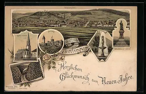 Vorläufer-Lithographie Tuttlingen, 1895, Katholische Kirche, Honberg, Schneckenburger Denkmal, Neujahrsgruss